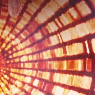 Close detail of the radial gold light installation